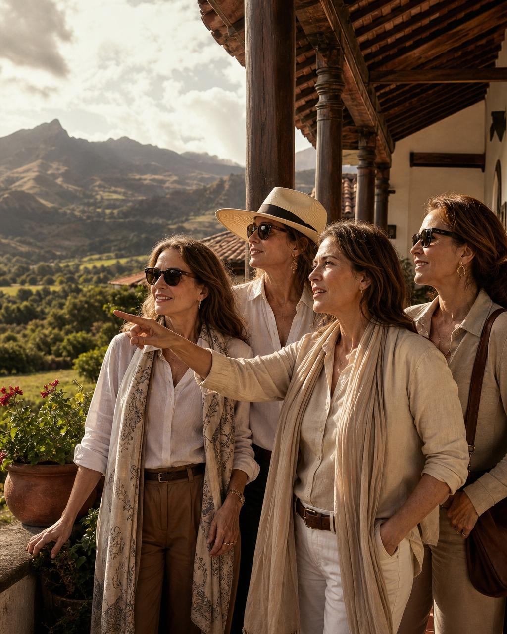 Elegant women travellers on a hacienda terrace overlooking the Andes, golden afternoon light